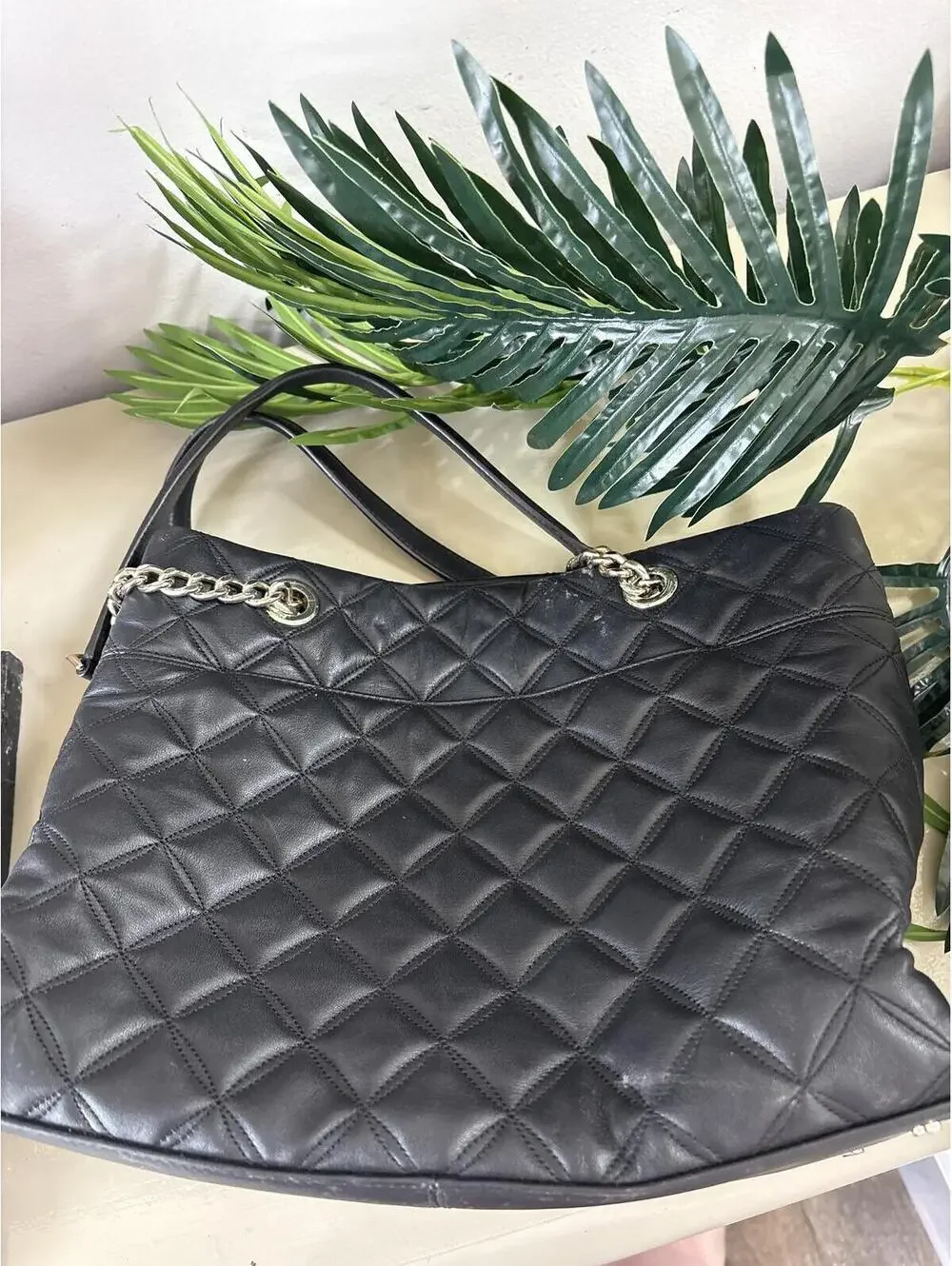 Kate Spade Black Quilted Leather Tote Bag with Chain Handles Purse Ladies